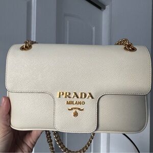 Prada Ivory Leather Shoulder Bag with Gold Accents
